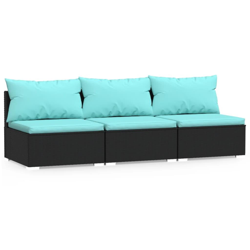 3-Seater Sofa with Cushions Black Poly Rattan