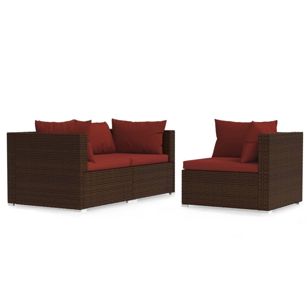 3 Piece Garden Lounge Set with Cushions Brown Poly Rattan