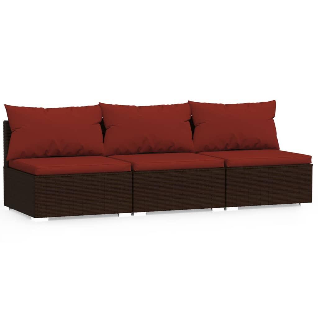 3-Seater Sofa with Cushions Brown Poly Rattan