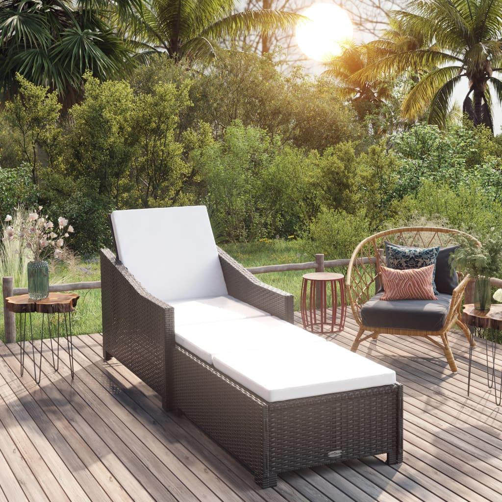 Sun Lounger with Cream White Cushion Poly Rattan Black