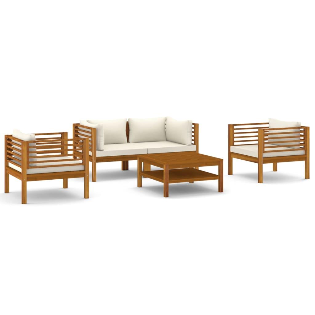 5 Piece Garden Lounge Set with Cream Cushion Solid Acacia Wood