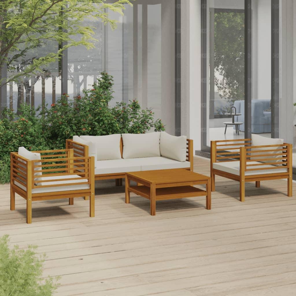 5 Piece Garden Lounge Set with Cream Cushion Solid Acacia Wood
