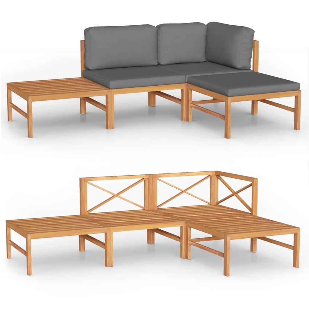 4 Piece Garden Lounge Set with Grey Cushions Solid Teak Wood