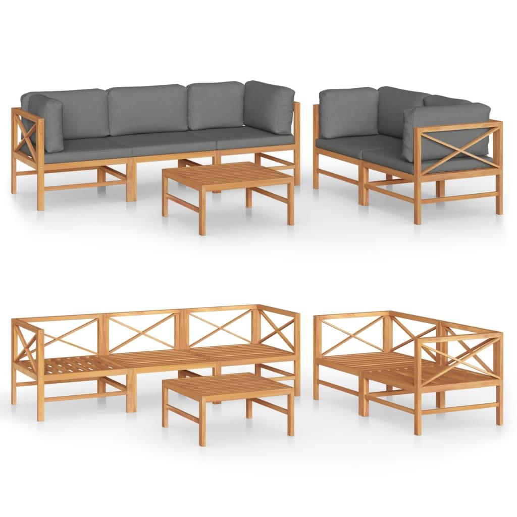 6 Piece Garden Lounge Set with Grey Cushions Solid Teak Wood