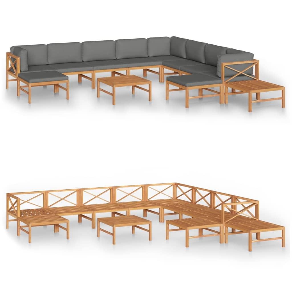 12 Piece Garden Lounge Set with Grey Cushions Solid Teak Wood