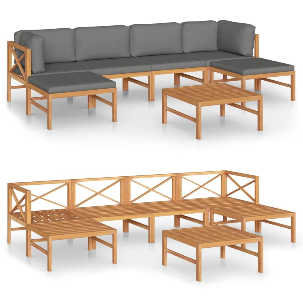 7 Piece Garden Lounge Set with Grey Cushions Solid Teak Wood