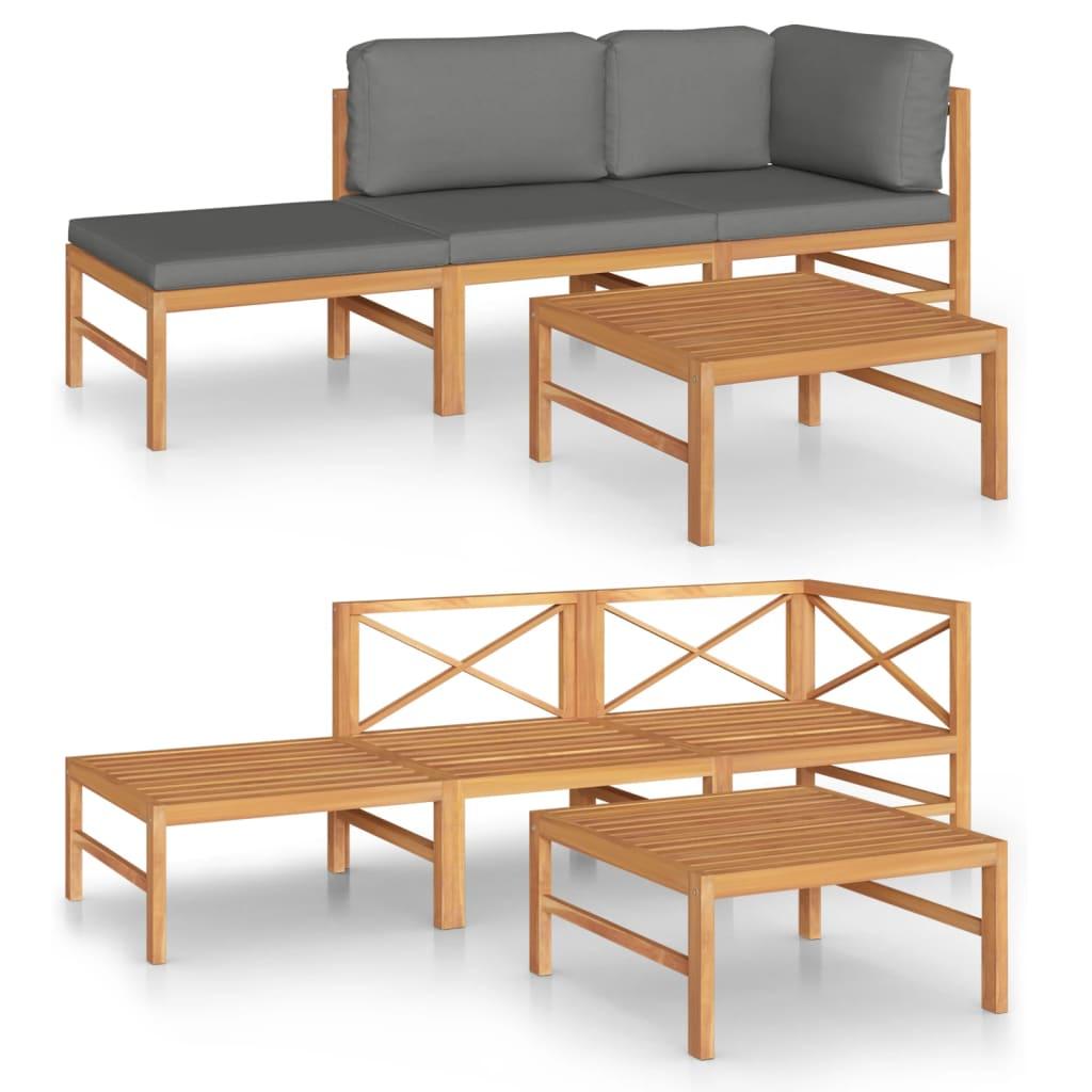 4 Piece Garden Lounge Set with Grey Cushions Solid Teak Wood