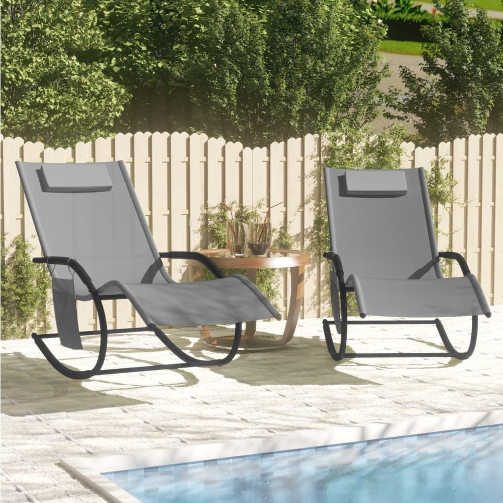Rocking Sun Loungers 2 pcs Grey Steel and Textilene