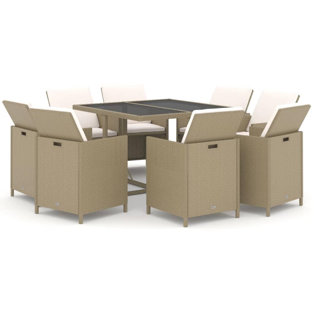 9 Piece Garden Dining Set with Cushions Poly Rattan Beige