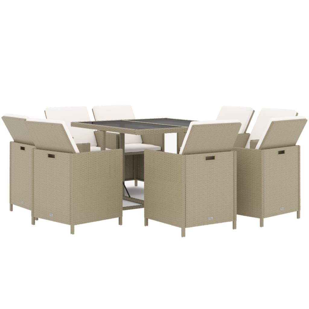 9 Piece Garden Dining Set with Cushions Poly Rattan Beige