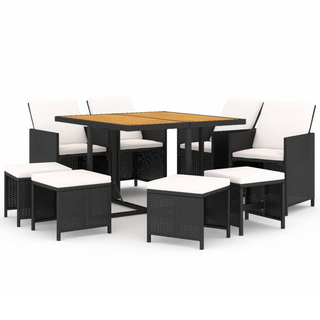 9 Piece Garden Dining Set with Cushions Poly Rattan Black