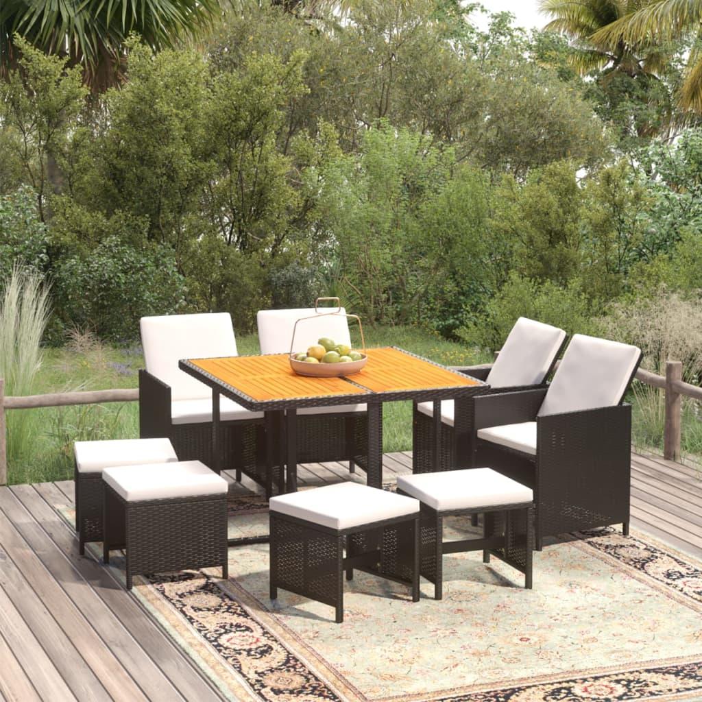 9 Piece Garden Dining Set with Cushions Poly Rattan Black