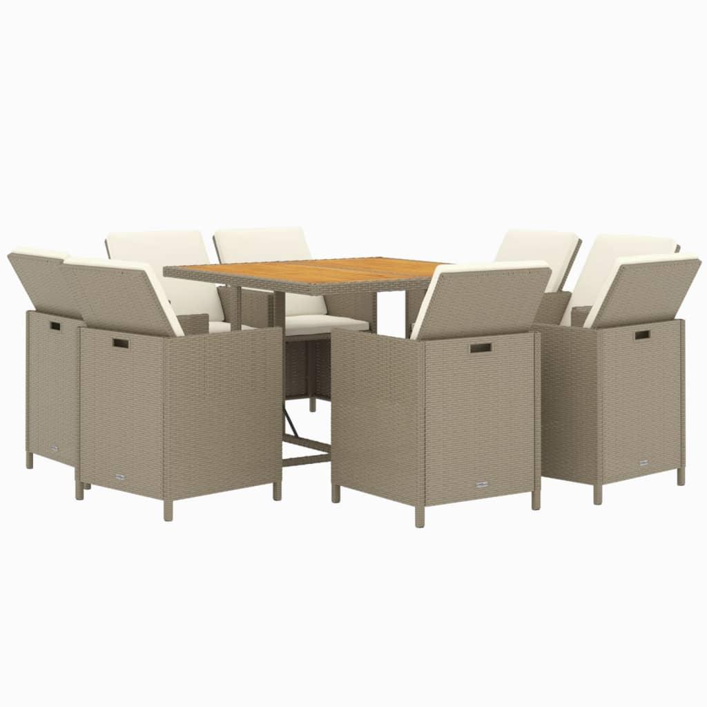 9 Piece Garden Dining Set with Cushions Poly Rattan Beige
