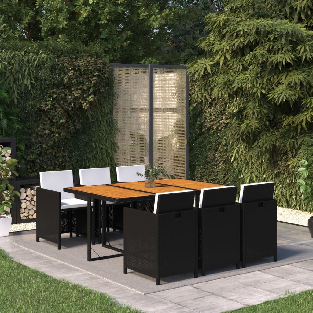 7 Piece Garden Dining Set with Cushions Poly Rattan Black