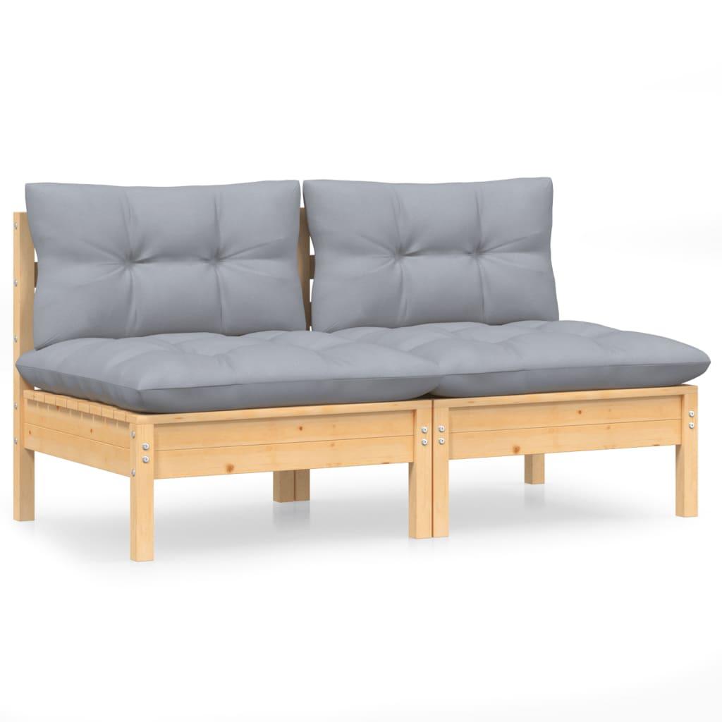 2-Seater Garden Sofa with Grey Cushions Solid Wood Pine