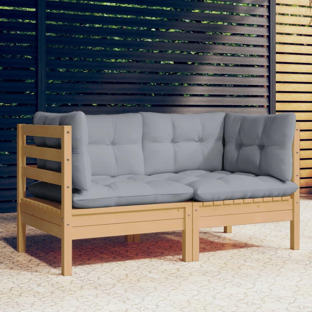 2-Seater Garden Sofa with Grey Cushions Solid Wood Pine