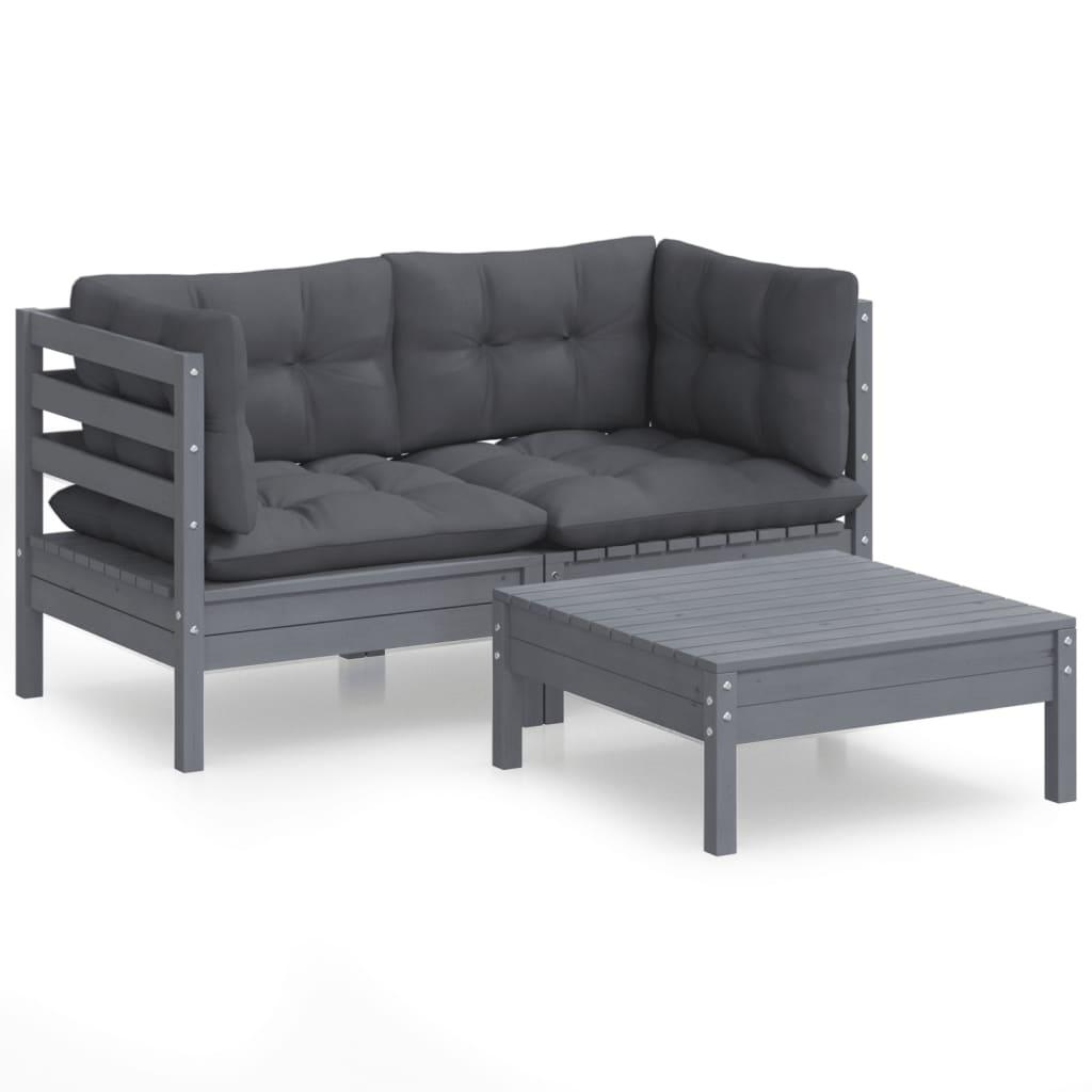 3 Piece Garden Lounge Set with Anthracite Cushions Pinewood