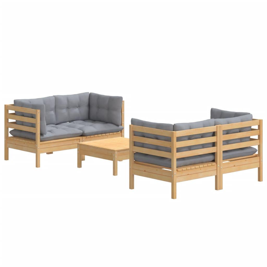 5 Piece Garden Lounge Set with Grey Cushions Pinewood