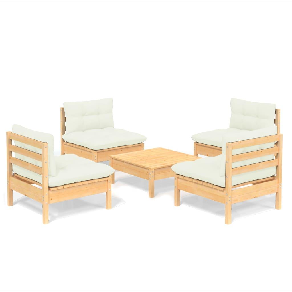 5 Piece Garden Lounge Set with Cream Cushions Pinewood