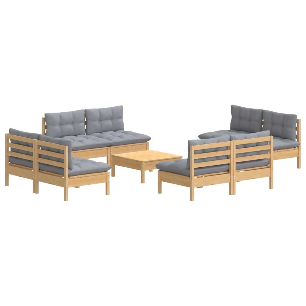 9 Piece Garden Lounge Set with Grey Cushions Pinewood