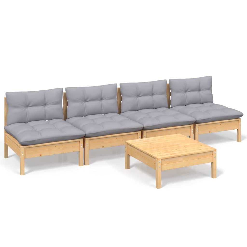 5 Piece Garden Lounge Set with Grey Cushions Pinewood