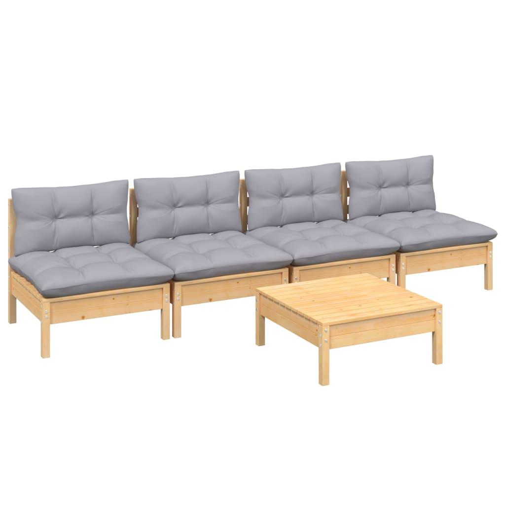 5 Piece Garden Lounge Set with Grey Cushions Pinewood