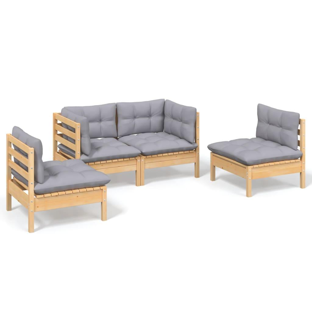 4 Piece Garden Lounge Set with Grey Cushions Solid Pinewood