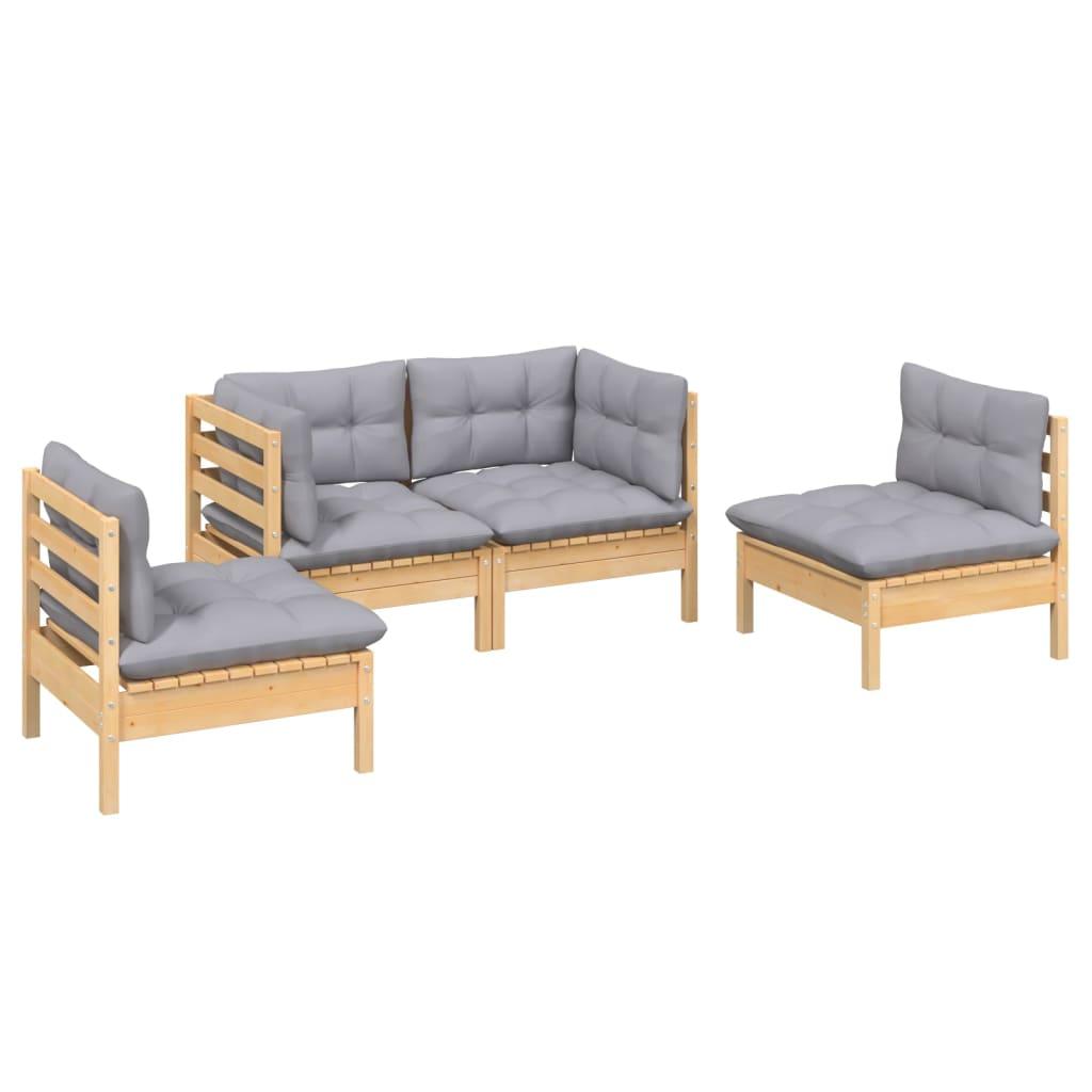 4 Piece Garden Lounge Set with Grey Cushions Solid Pinewood