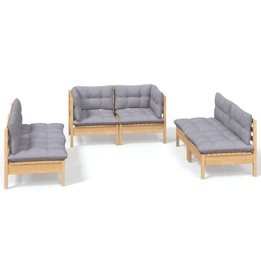 6 Piece Garden Lounge Set with Grey Cushions Solid Pinewood