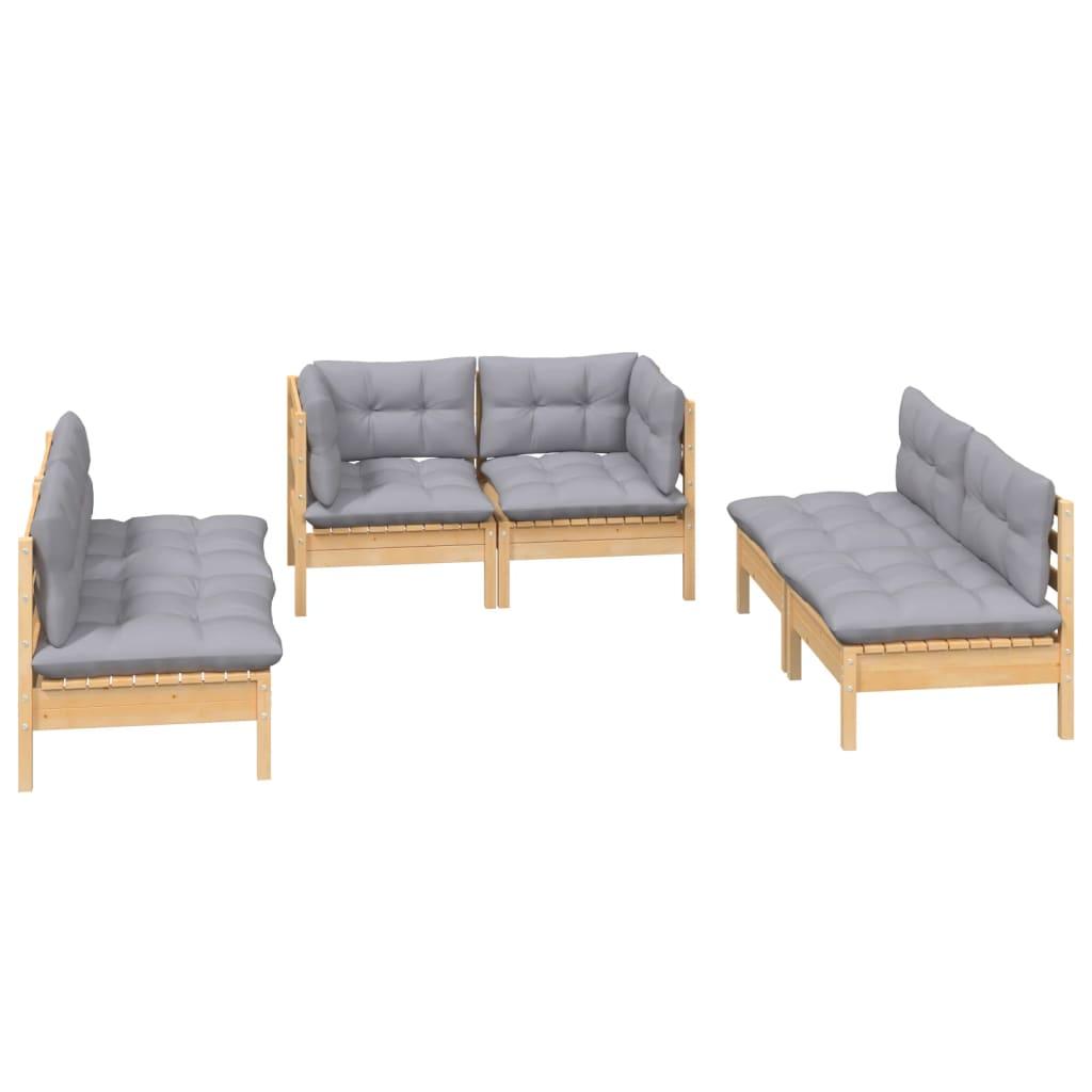 6 Piece Garden Lounge Set with Grey Cushions Solid Pinewood