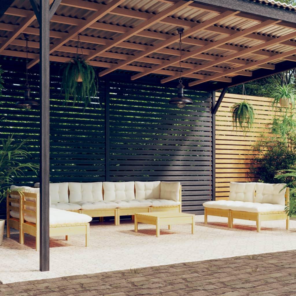 9 Piece Garden Lounge Set with Cream Cushions Solid Pinewood
