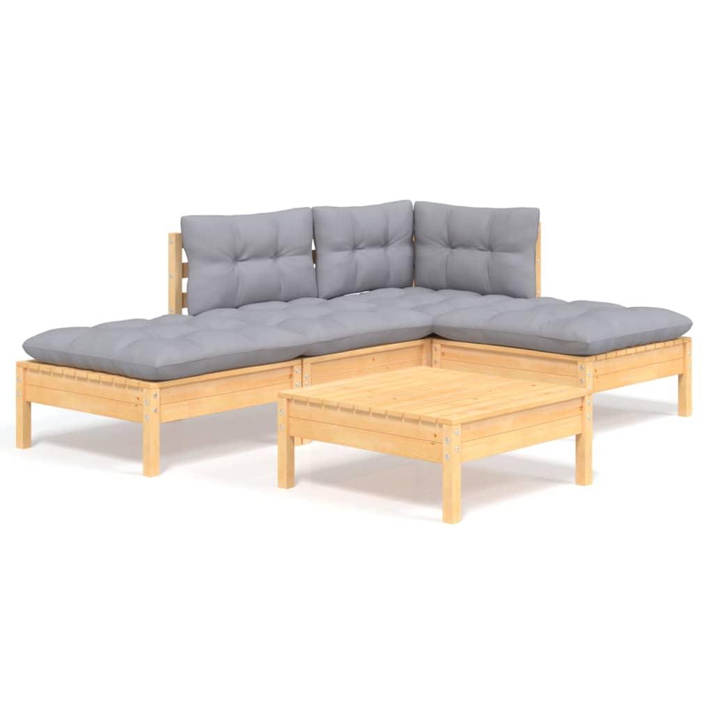 5 Piece Garden Lounge Set with Grey Cushions Pinewood