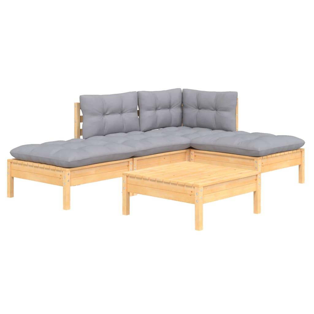 5 Piece Garden Lounge Set with Grey Cushions Pinewood