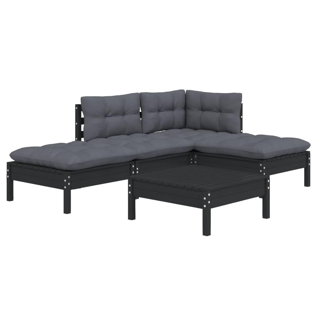 5 Piece Garden Lounge Set with Cushions Black Pinewood