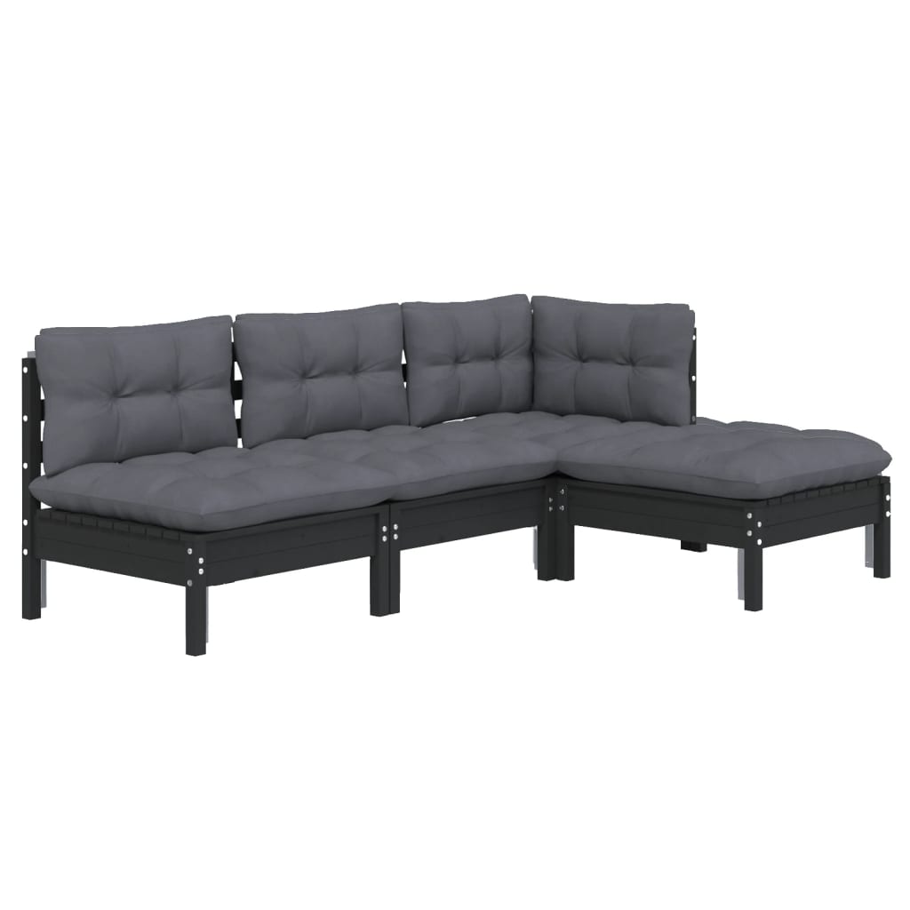 4 Piece Garden Lounge Set with Cushions Black Pinewood