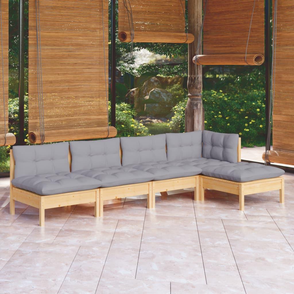 5 Piece Garden Lounge Set with Grey Cushions Pinewood