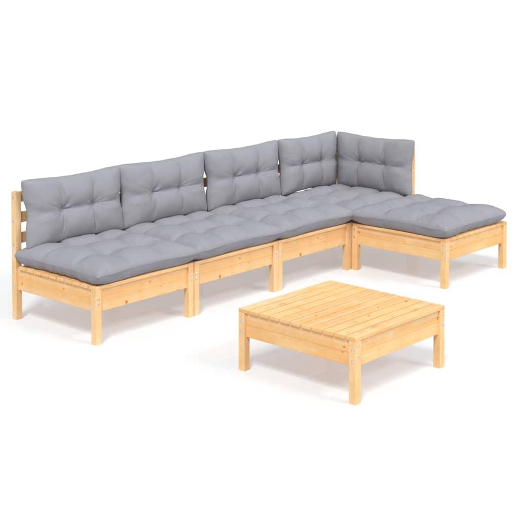 6 Piece Garden Lounge Set with Grey Cushions Pinewood