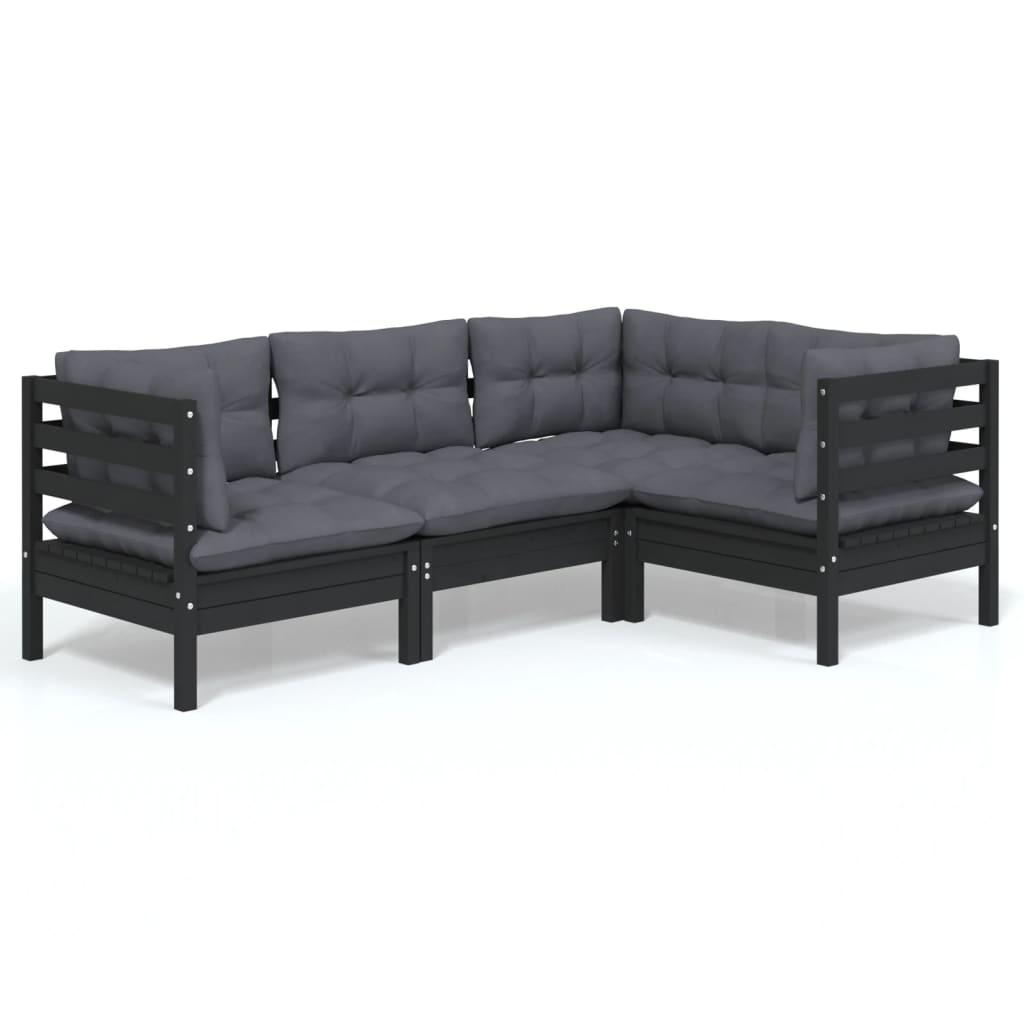 4 Piece Garden Lounge Set with Cushions Black Pinewood