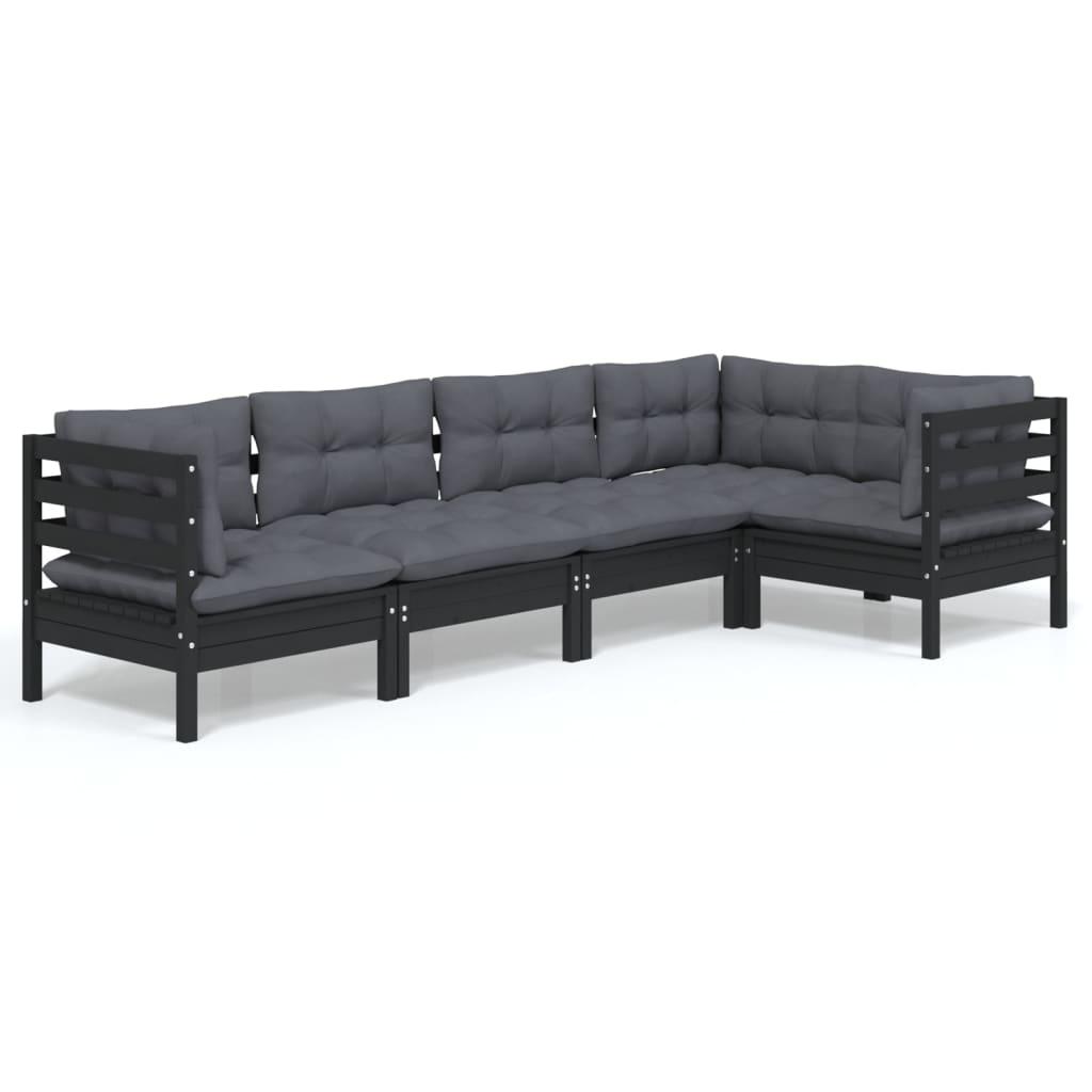 5 Piece Garden Lounge Set with Cushions Black Pinewood
