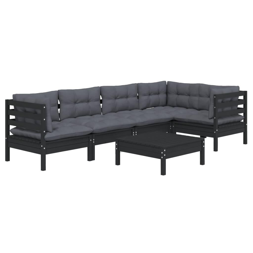 6 Piece Garden Lounge Set with Cushions Black Pinewood