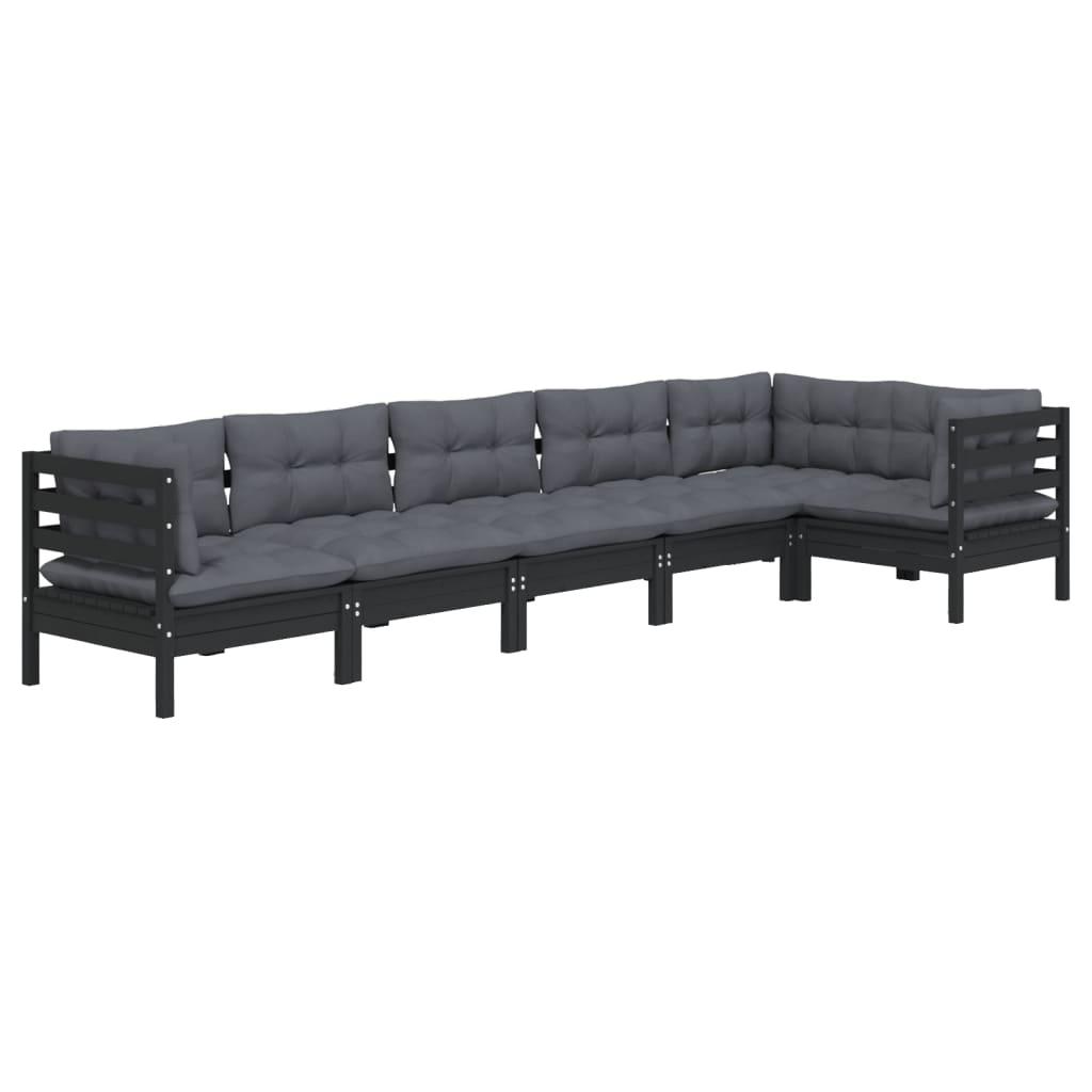 6 Piece Garden Lounge Set with Cushions Black Pinewood