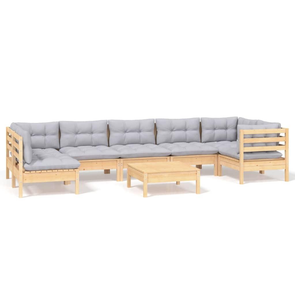 8 Piece Garden Lounge Set with Grey Cushions Pinewood