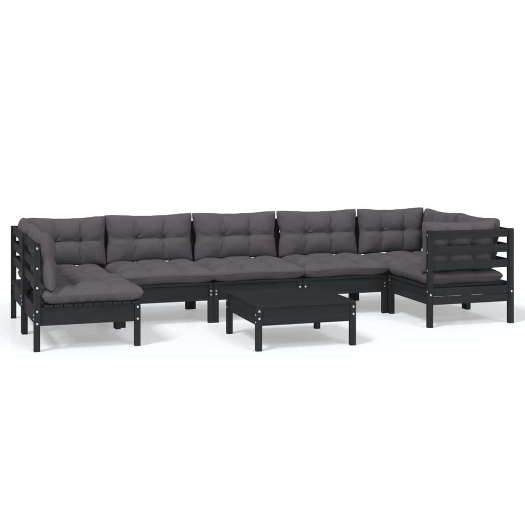 8 Piece Garden Lounge Set with Cushions Black Pinewood