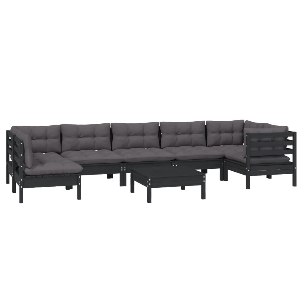8 Piece Garden Lounge Set with Cushions Black Pinewood