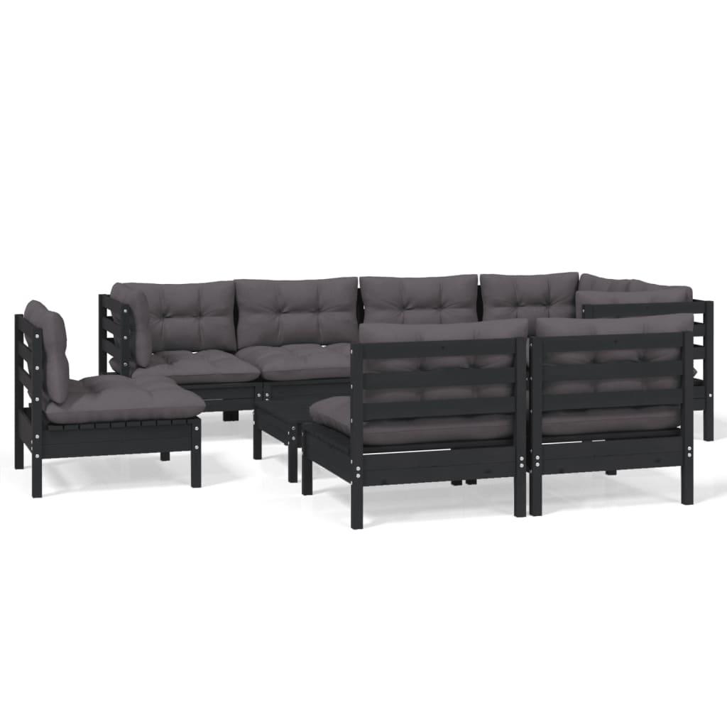 9 Piece Garden Lounge Set with Cushions Black Solid Pinewood