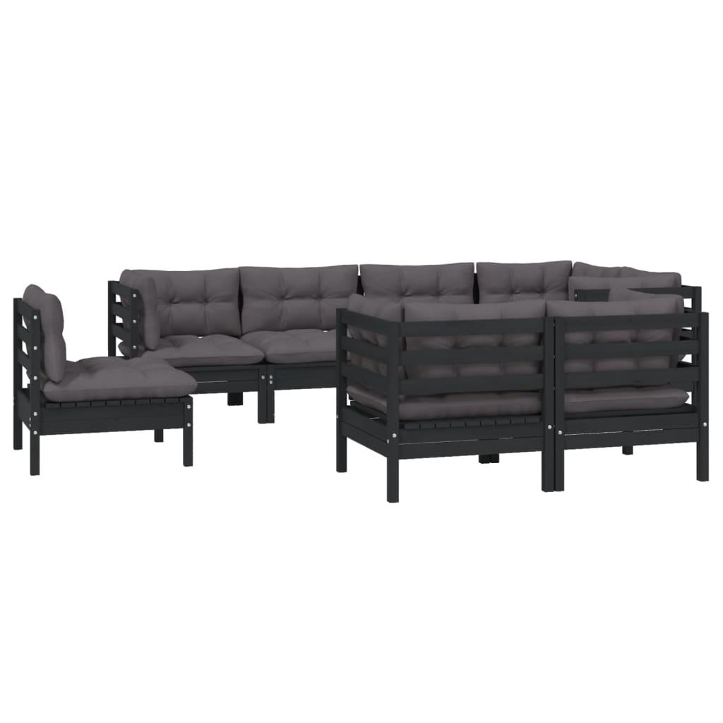 8 Piece Garden Lounge Set with Cushions Black Solid Pinewood