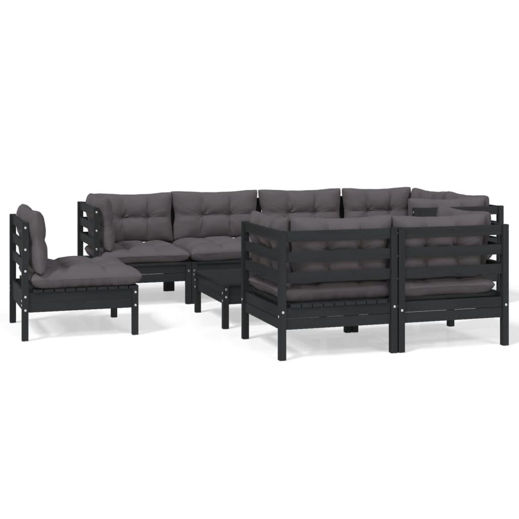 9 Piece Garden Lounge Set with Cushions Black Solid Pinewood