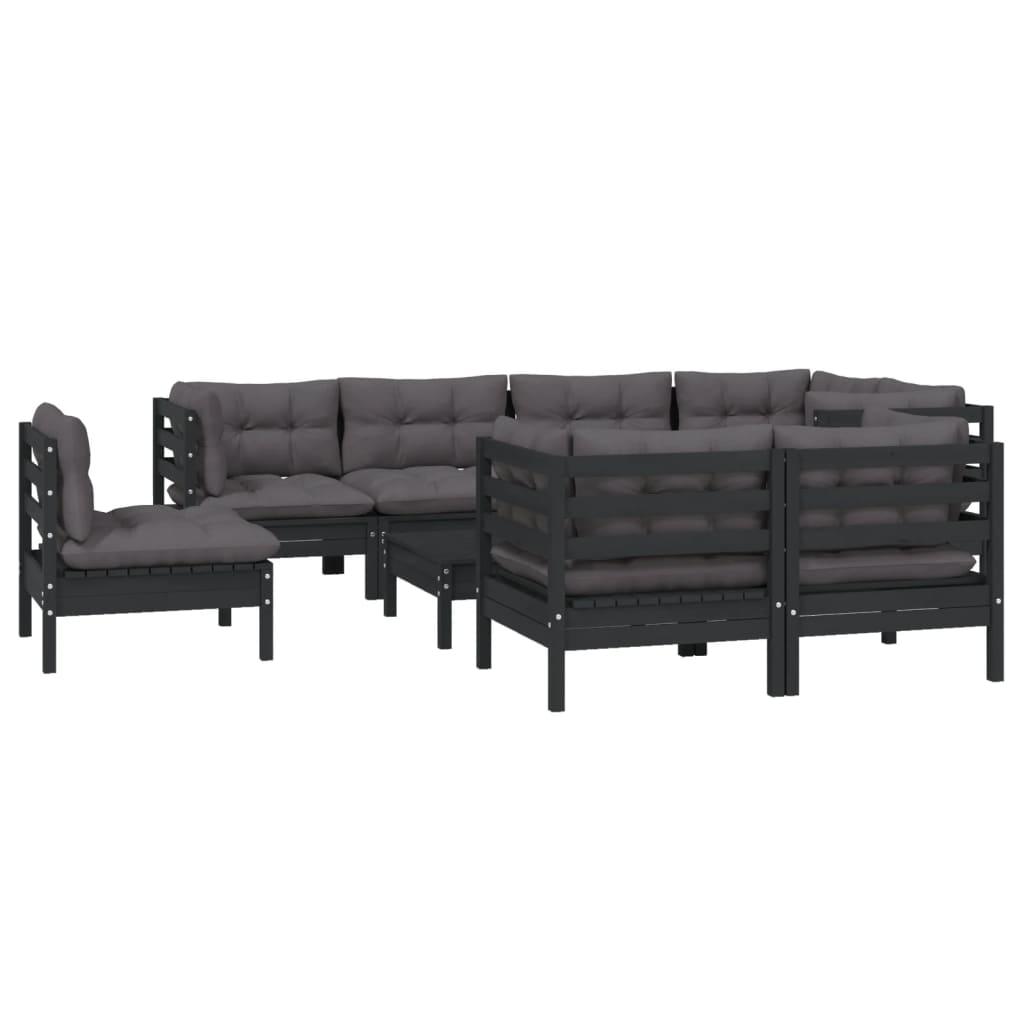 9 Piece Garden Lounge Set with Cushions Black Solid Pinewood