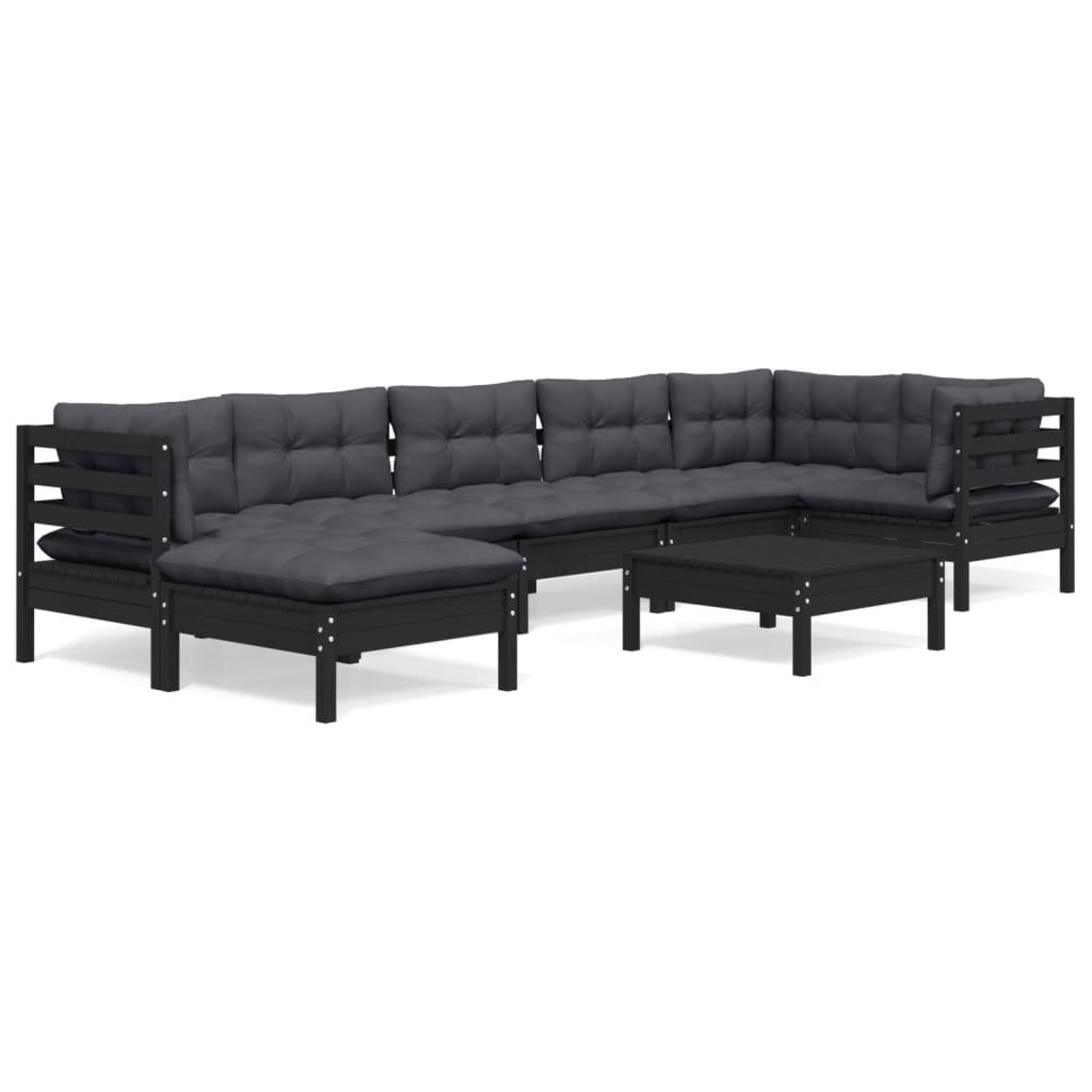 8 Piece Garden Lounge Set with Cushions Black Solid Pinewood