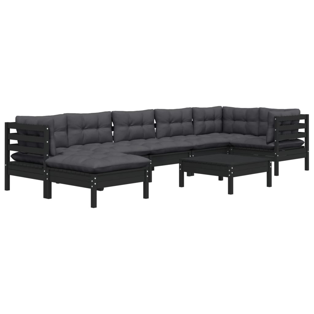 8 Piece Garden Lounge Set with Cushions Black Solid Pinewood